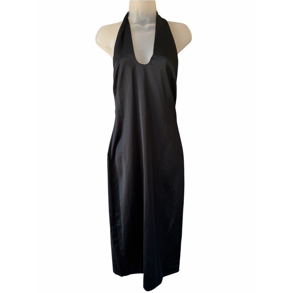 JASON WUBlack Satin Halter Midi Dress S Silk Blend Deep V-Neck Slip Evening - Picture 2 of 9